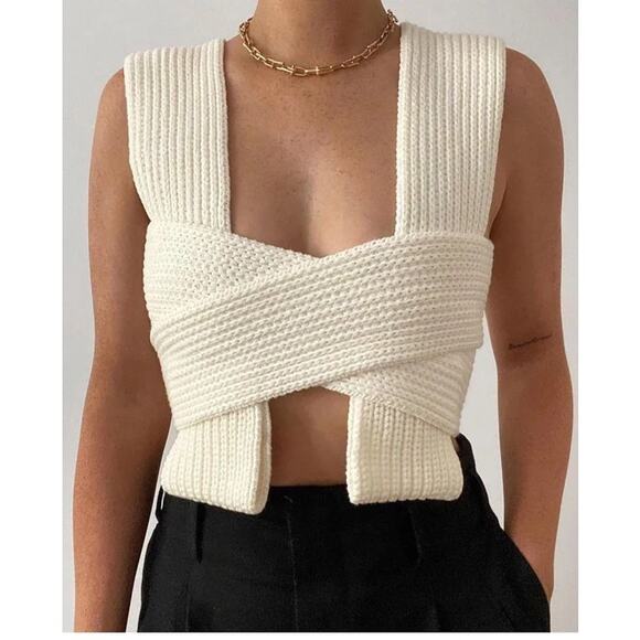 Simonett Nanu Cream Knit Cotton Cropped Multi-Way Wrap Top Size M - Picture 1 of 8